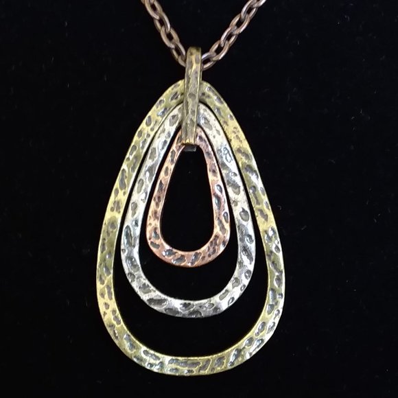 Tri-colored Metal Pendant Necklace on Triple chain - Picture 2 of 4